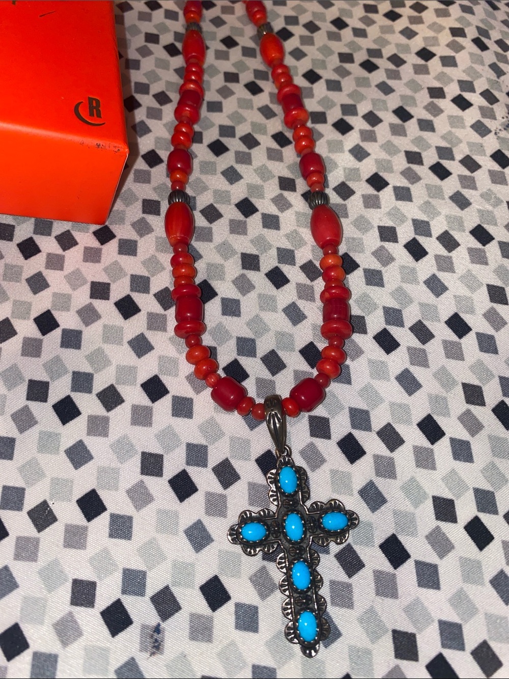 American West Red Bead Necklace with Turquoise Cross - Picture 4 of 5